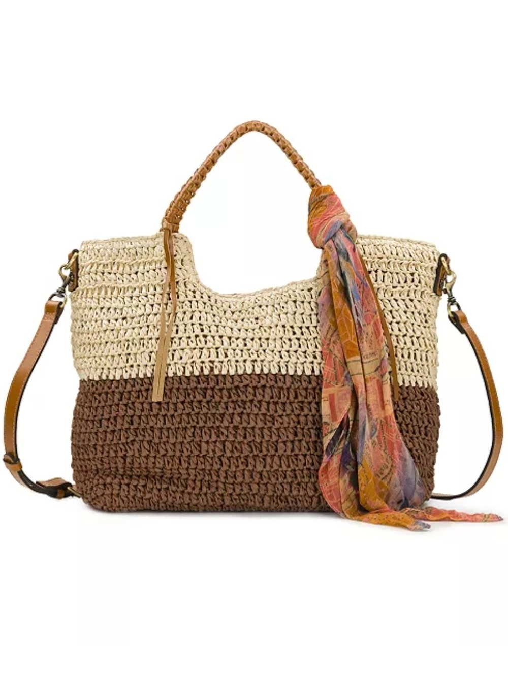 Patricia Nash Two-Tone Woven Tote with Scarf Accent - Cream & Brown